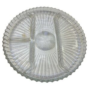 VINTAGE Glass Relish Tray Divided Round Starburst Pattern